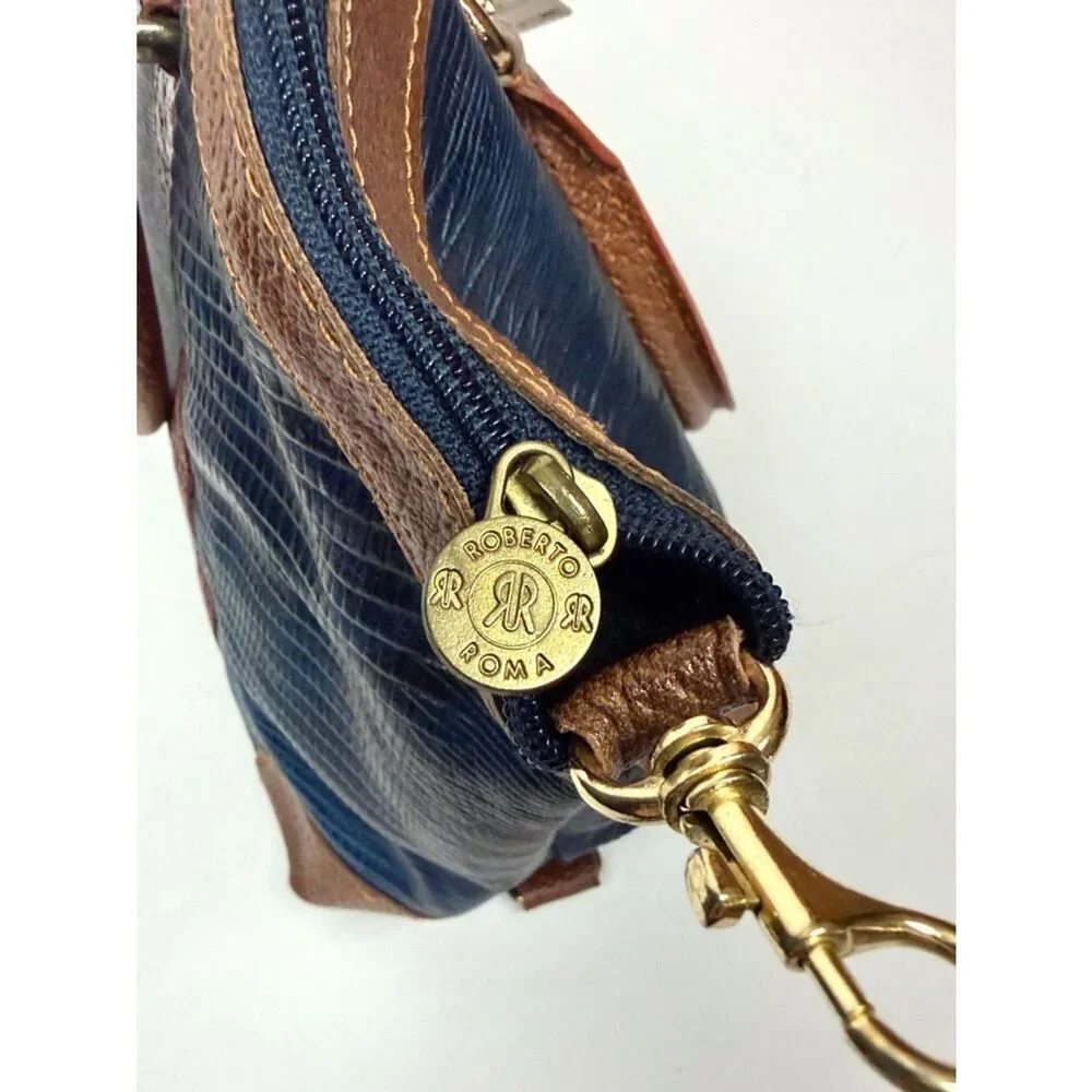 Roberto Roma Leather Satchel Bag Blue Brown Textured Crossbody Top Handle Vng